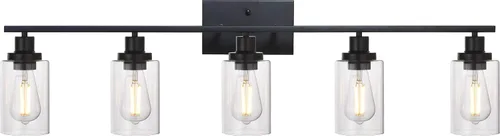 Vista 22 de MELUCEE Aplique de pared negro industrial vintage de 2 luces con pantalla de vidrio transparente y base de metal, luces de tocador de baño, apliques