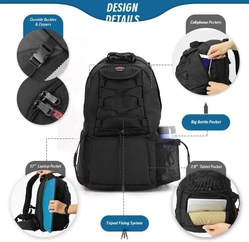 Vista 7 de Mochila impermeable para cámara DSLR grande con compartimentos para laptop de 17 pulgadas, cubierta para lluvia, soporte para trípode, funda