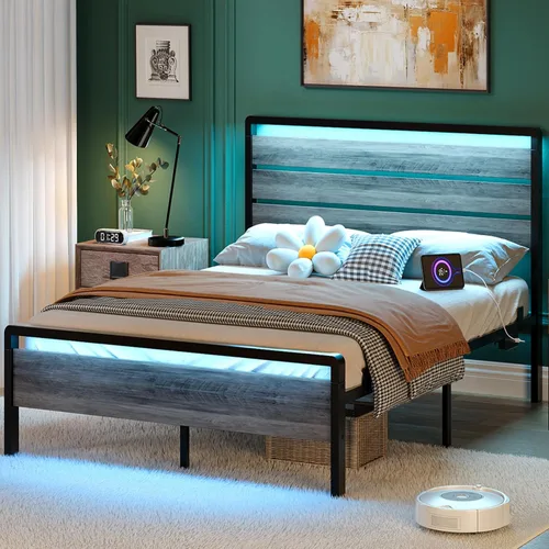 Vista 10 de VINGLI Base de cama de plataforma individual con cabecero y estribo LED, estación de carga USB, cama de panel de metal con espacio de almacenamiento