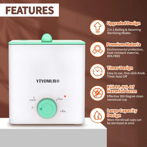 Vista 5 de Esterilizador de vasos menstruales mejorado, vaporizador de disco menstrual, modos de ebullición y vapor 2 en 1, temporizador de perilla de un solo