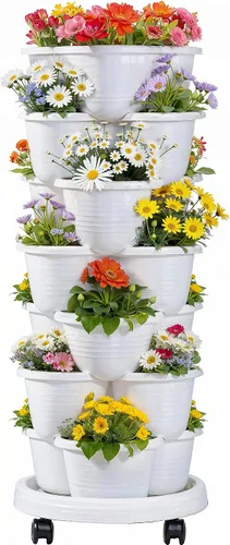 Vista 19 de VECELO Macetero vertical de 5 niveles, apilables, con ruedas para fresas, hierbas, flores, verduras, color negro