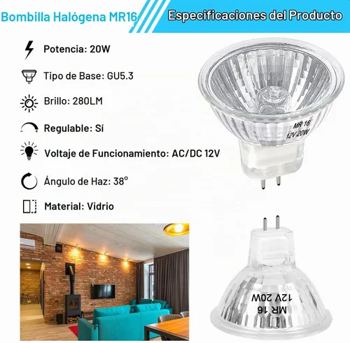 Vista 3 de Bombilla halógena MR16 de 20 W regulable de 12 V GU5.3 con base de dos pines con larga vida útil, bombillas MR16 blancas cálidas de 2700 K