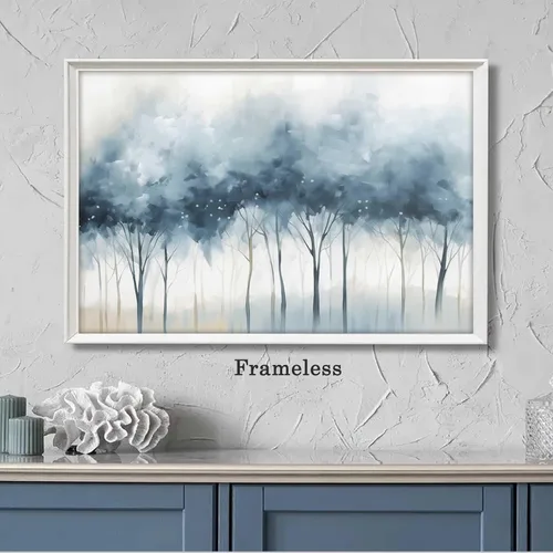 Vista 4 de Lienzo de bosque azul para pared, pintura de árbol, póster azul abstracto azul y gris, imágenes abstractas de bosque azul y gris, pintura azul