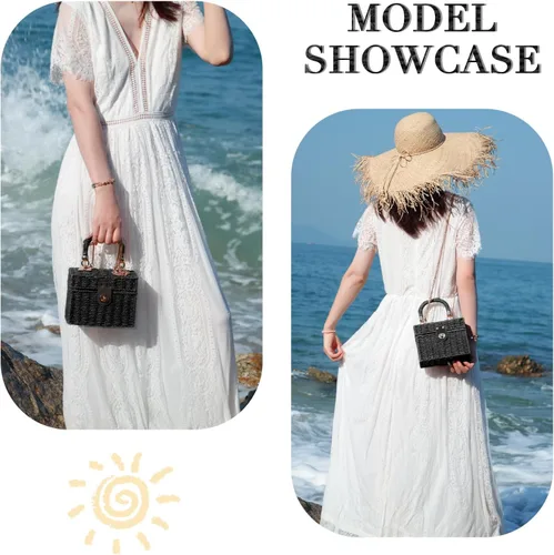 Vista 6 de Fecialy Bolso de mano de ratán tejido a mano para mujer, bolso de mano de paja para playa, bolso cruzado cuadrado bohemio