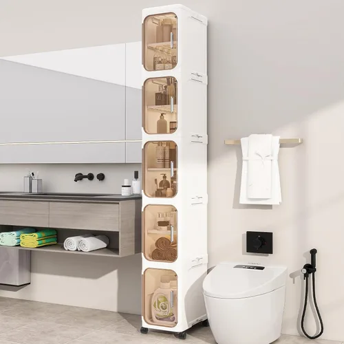 Vista 13 de KHNR Armario de almacenamiento de baño delgado de 2 niveles, gabinetes de almacenamiento plegables, almacenamiento de baño estrecho, organizador