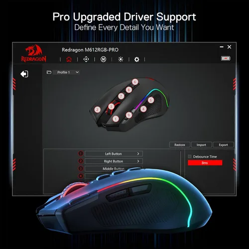 Vista 8 de Redragon Ratón para juegos M612 PRO RGB, 8000 DPI con cableinalámbrico ratón óptico con 9 botones programables y 7 modos retroiluminados, BT y 2.4G