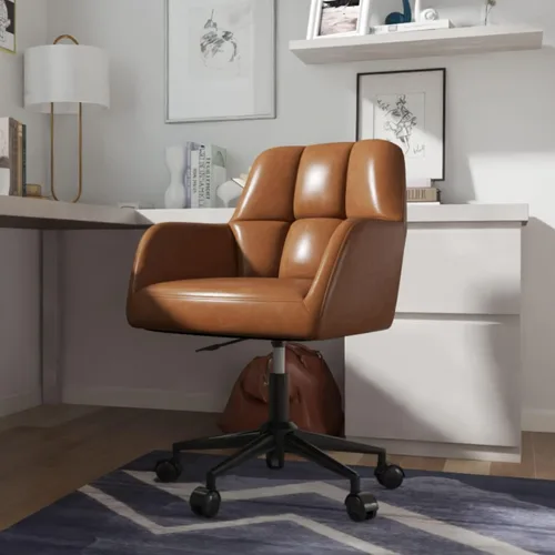 Vista 7 de Wahson Silla de escritorio de oficina de cuero marrón con soporte de respaldo medio, cómoda silla de computadora de altura ajustable, silla