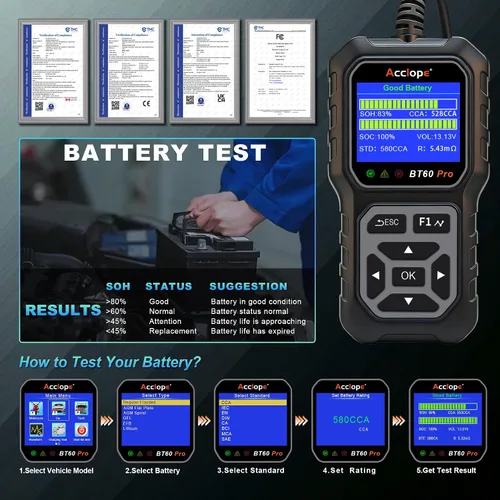 Vista 15 de BT60 Pro Probador de Batería de Coche, Analizador Digital con Impresión en la Nube, Verificador de Batería de 6V/12V/24V para AGM, Litio
