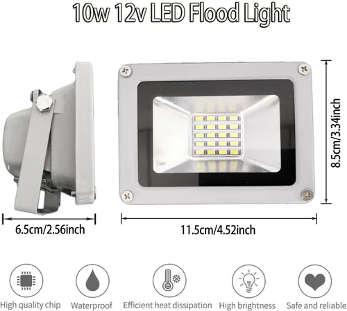 Vista 2 de 6000K Cool White Low Voltage LED Floodlight 10W - 1000 Lumens, IP66 Waterproof, 12V/24V for Landscape, Garden Accent & Watercraft Lighting