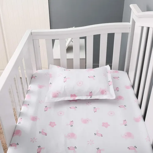 Vista 3 de Juego de ropa de cama de cuna de elefante floral de 4 piezas, elefante rosa, conjunto de ropa de cama para bebé niña