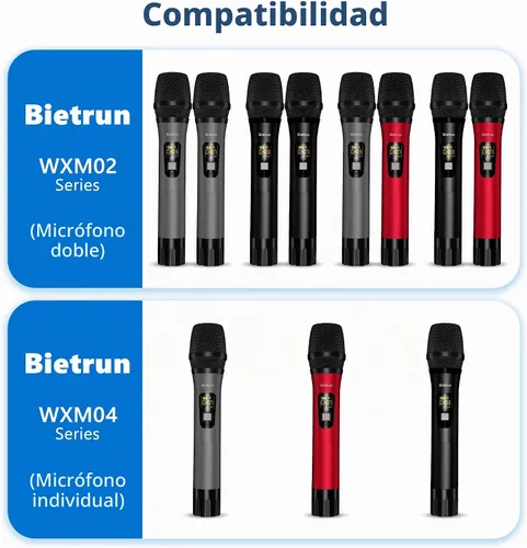 Vista 2 de Bietrun Receptor de micrófono inalámbrico UHF WXM02/WXM04, batería recargable de 720 mAh, rango de 160 pies, salida de 1/4 pulgadas para karaoke