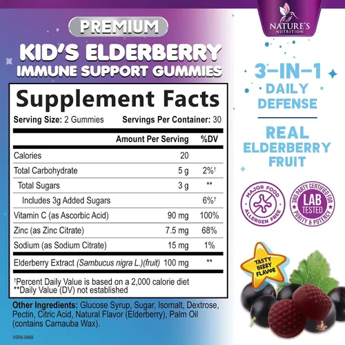 Vista 2 de Gomitas de saúco para apoyo inmunológico para niños, vitaminas C, zinc y apoyo para niños, suplemento de saúco Nature's Sambucus vegano, sin gluten