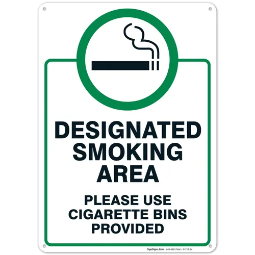 Vista 11 de Letrero designado para zona de fumar, letrero con texto en inglés "Please Use Cigarrette Bins Sign", 10 x 7 pulgadas, libre de óxido, aluminio 040