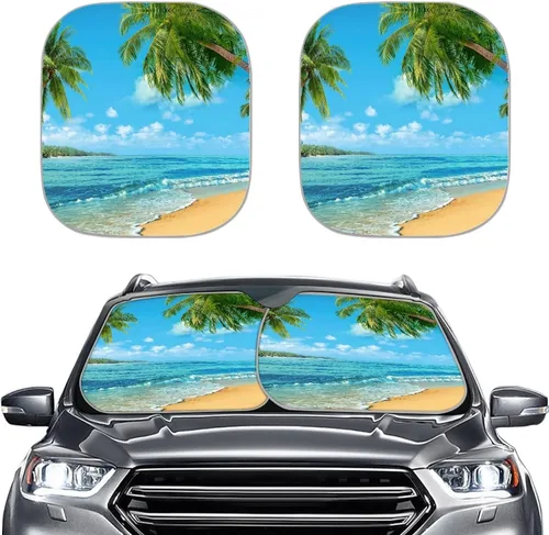 Vista 27 de Parasol para parabrisas de automóvil con estampado de playa tropical, protección universal para proteger el interior del automóvil, bloquea