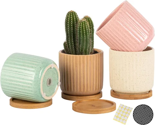 Vista 8 de Macetas de cerámica de 4 pulgadas, beige, juego de 4 Beige (4 pulgadas)