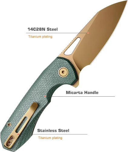 Vista 8 de RT-CAMEL - Cuchillo de bolsillo plegable, cierre con forro de botón, hoja de acero 14C28N de 3.1 pulgadas, cuchillo EDC con mango de micarta