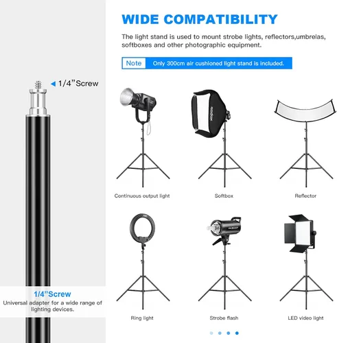 Vista 3 de Soporte de luz resistente de 9.8 pies / 9.8 ft ajustable de 22.0 lbs/22 libras, carga máxima, soporte de trípode acolchado de aire con rosca de 1/4