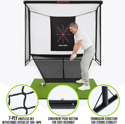 Vista 4 de Zealfeel Golf Net, Golf Simulator Enclosure Net with Side Barriers & Auto-Ball Return, Low-Noise Silk Target, Carry Bag, 2 Sand Bags, 4 Stakes