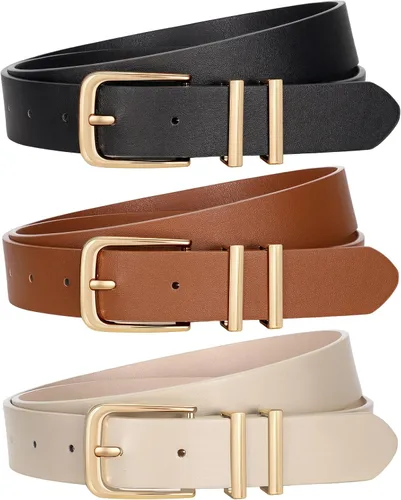Vista 7 de Paquete de 3 cinturones para mujer con hebilla dorada para jeans y vestidos A-negro+marrón+beige