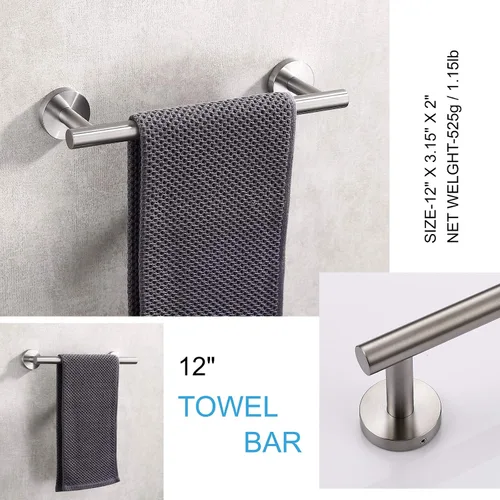 Vista 4 de TASTOS Toallero individual de 12 pulgadas, níquel cepillado, barra de toalla redonda de acero inoxidable SUS 304, soporte de toalla de alta