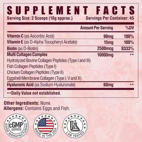 Vista 2 de Polvo de péptidos de colágeno múltiple - Tipo I, II, III, V, X con vitamina C, E y ácido hialurónico, cabello, piel, soporte de uñas, sin sabor, sin