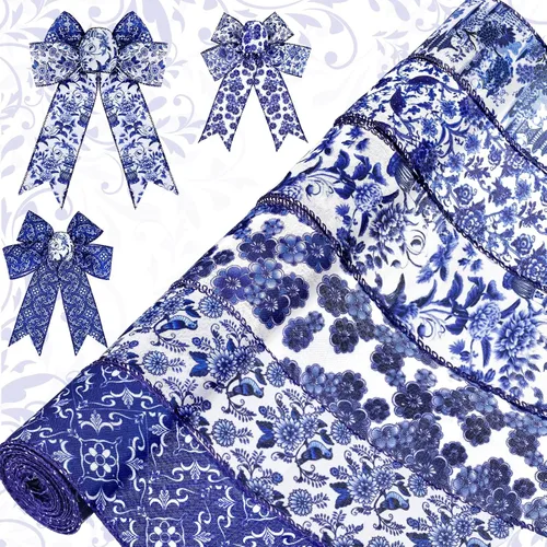 Vista 7 de Lyrow 6 rollos Chinoiserie de cascanueces de Navidad con borde con alambre, cinta floral de mariposa, patrón de flores, corona de lazo
