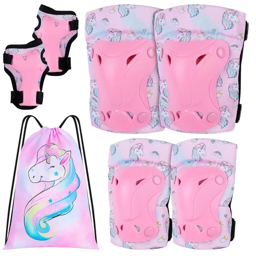 Vista 8 de FIODAY Rodilleras para niños, rodilleras para niños pequeños y coderas, muñequeras con bolsa de cordón, juego de equipo de protección ajustable