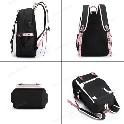 Vista 6 de SodaMeow Mochila Anime Demon Mochila Nezuko Mochila Slayer Bolsa Kimetsu no Yaiba con puerto de carga USB, llavero gratis, Rosa-sabito, Casual