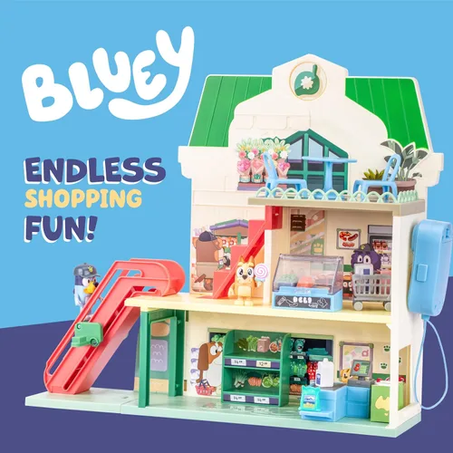 Vista 4 de Bluey Bluey - Juego de supermercado y bingo con escalera mecánica, juguetes de simulación para niños pequeños, sonidos y 15 piezas, juego de tienda