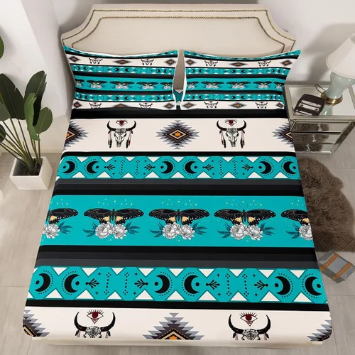 Vista 28 de Juego de ropa de cama de estilo bohemio occidental, tamaño individual, diseño de vaca atrapasueños, sábana bajera ajustable del suroeste, tribu