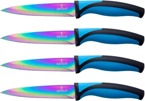 Vista 11 de SiliSlick Juego de cuchillos para carne de acero inoxidable, cuchillos de cocina coloridos con revestimiento de titanio con borde recto, suave
