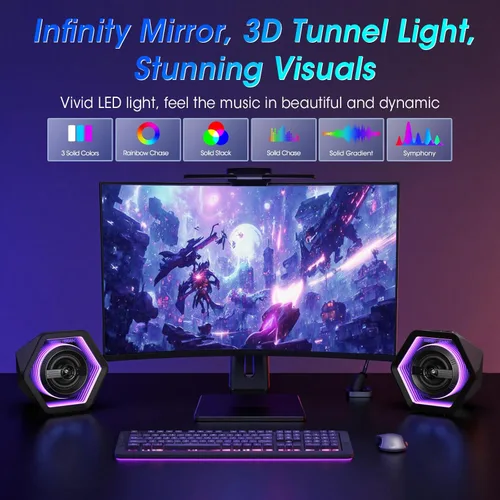 Vista 13 de Altavoces para juegos de computadora, altavoces de escritorio activos de 50 W con espejo infinito túnel 3D RGB (8 modos), Bluetooth 5.3, entrada
