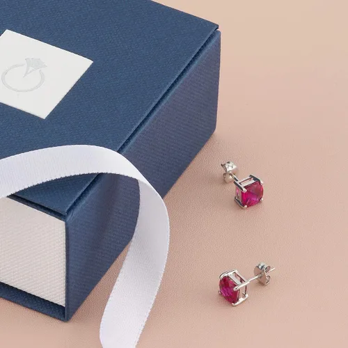 Vista 6 de Peora Aretes de rubí creado en oro blanco de 14 quilates para mujer, hipoalergénicos, corte cojín de 0.236 in, 2.50 quilates en total, espalda