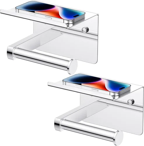 Vista 14 de Portarrollos de papel higiénico con estante, montaje en pared adhesivo o con tornillos, portarrollos de papel higiénico para baño, dispensador