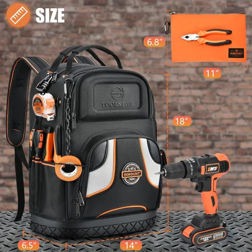 Vista 3 de Mochila para herramientas con 2 bolsas de herramientas de lona, kit de herramientas, mochila de herramientas para construcción resistente HVAC