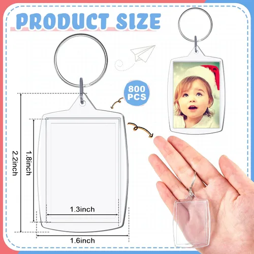 Vista 2 de Junkin 800 llaveros acrílicos para marco de fotos, 2.2 x 1.6 pulgadas, rectángulo, transparente, a granel, para manualidades, regalos familiares