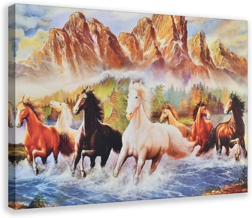 Vista 7 de Pintura al óleo de siete caballos caminando por el río, arte de pared, impresiones de animales sobre lienzo, póster de lienzo para decoración