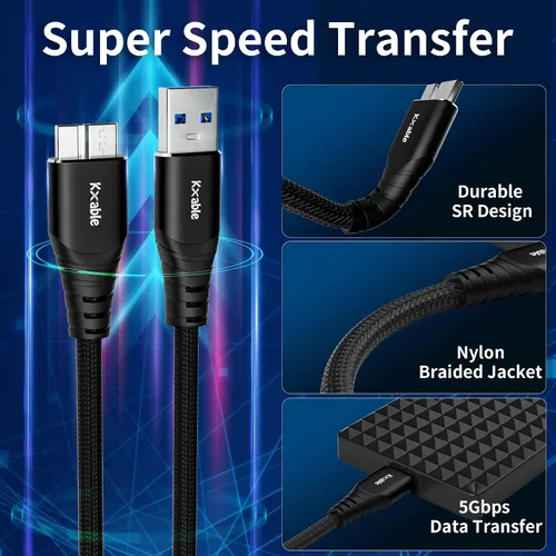 Vista 2 de Cable USB para disco duro de 1 pie (paquete de 2), cable USB A a Micro B 3.0, compatible con Western Digital WD My Passport, Toshiba, Seagate, SSD
