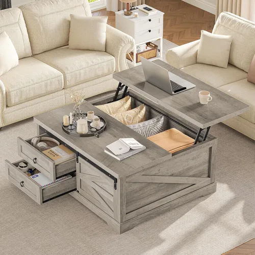 Vista 10 de Itaar Mesa auxiliar elevable de 39.4 pulgadas con almacenamiento, mesas de centro estriadas para sala de estar, mesa de centro cuadrada con gran