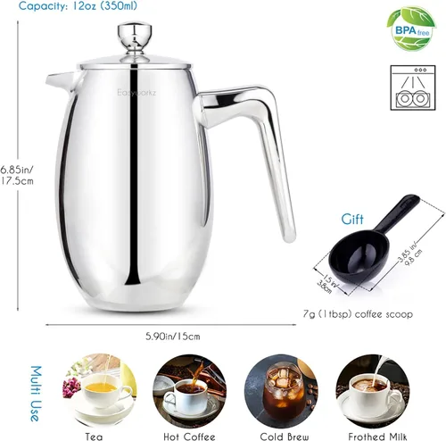 Vista 2 de Easyworkz Nando French Press - Cafetera térmica con aislamiento de doble pared de 12 onzas, cafetera de acero inoxidable 304
