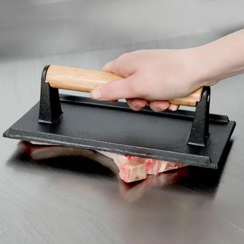 Vista 6 de Paquete de 2 prensas de hierro fundido negro, redondas de 7 x 7 pulgadas y 8 x 4 pulgadas, prensa rectangular de tocino pesado con mango de madera