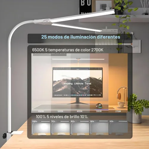 Vista 4 de Hensam Lámpara de escritorio LED con abrazadera, luz de escritorio de doble cabezal para oficina en casa, luz de escritorio regulable, lámpara