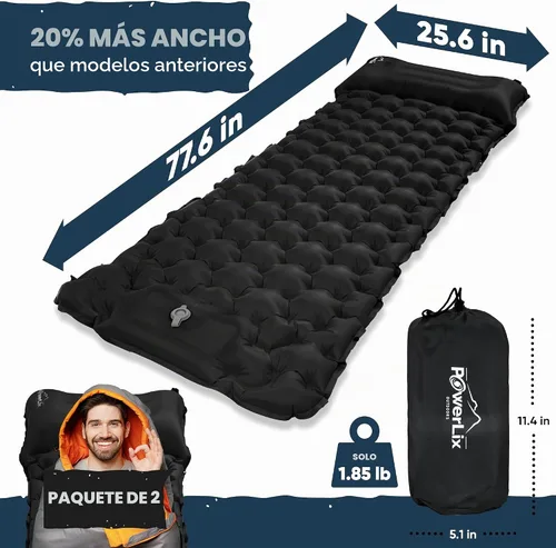 Vista 5 de POWERLIX Paquete de 2 almohadillas para dormir para acampar, con almohada integrada, colchoneta inflable para campamento, ligera, compacta, para 2