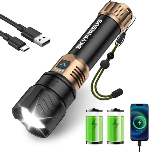 Vista 9 de SKYFIRE Linternas LED de alto lúmenes con lente de encendido, linterna recargable súper brillante de 3000 lm, 4 modos de zoom, luz táctica Linterna
