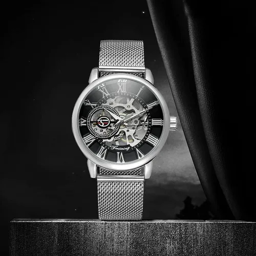 Vista 2 de Gosasa Reloj automático único para hombre, esfera transparente, esqueleto hueco, tono plateado, correa de malla, Oro Rosa