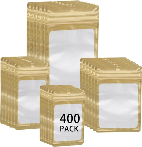 Vista 15 de Paquete de 400 bolsas holográficas de Mylar resellables de 4 tamaños, bolsas para almacenamiento de alimentos, a prueba de olores, con ventana