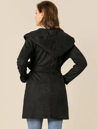 Vista 5 de Allegra K Abrigo cruzado de invierno de manga larga con capucha de gamuza sintética para mujer, Coffee, M