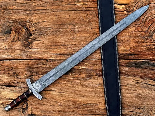 Vista 4 de Espada vikinga de acero de Damasco hecha a mano/espada medieval con funda de cuero.