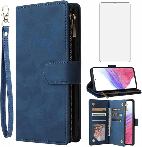 Vista 8 de Asuwish Funda compatible con Samsung Galaxy A53 5G 2022 y protector de pantalla de vidrio templado, funda de cuero con tapa para tarjetero, fundas