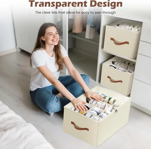Vista 4 de Organizador de zapatos plegable para armario, caja organizadora de almacenamiento de zapatos con cubierta transparente y asas resistentes